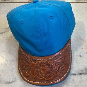 Blue and Brown Tooled Leather Brim Cap